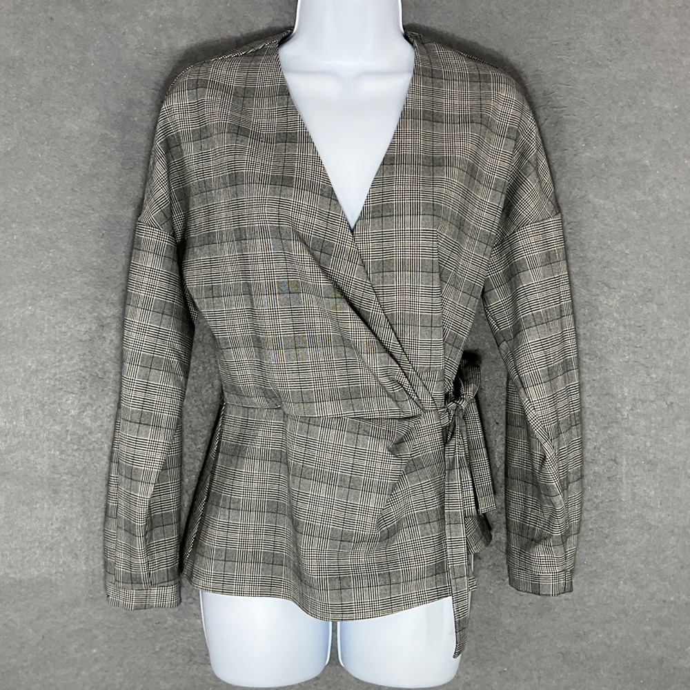 Zara Woman Plaid Wrap Top Sz S‎ Long Sleeve V Neck Tie Waist Career Casual